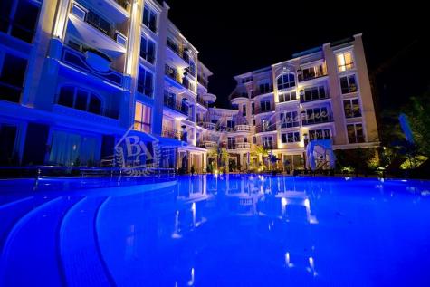 Night illumination of the Messembria Palace complex in Sunny Beach, Bulgaria